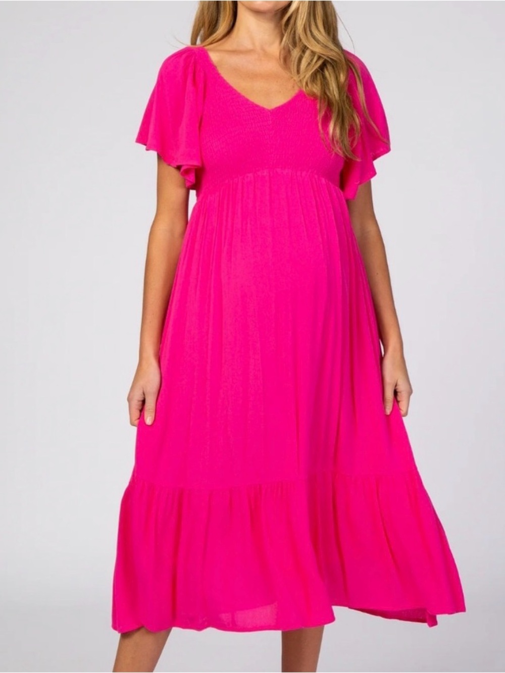 Women's Pink Maternity V-Neck Flowing Dress